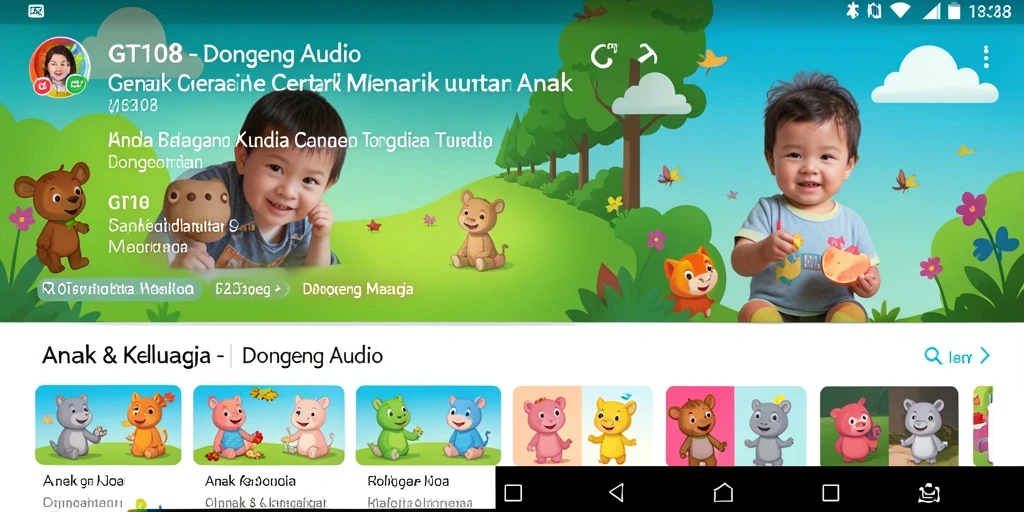 Antarmuka aplikasi GT108 yang ramah anak saat mendengarkan dongeng audio.