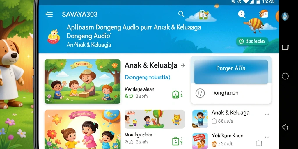 Tampilan antarmuka SAVAYA303 yang ramah anak dengan pilihan dongeng audio.